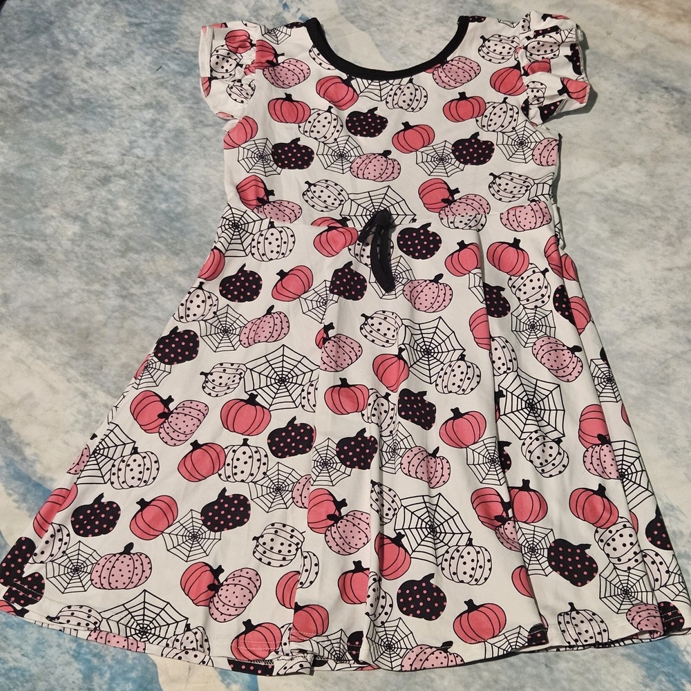 Girls Halloween Pumpkin Spiderweb Twirl Dress Size 10/12T Pink Black White